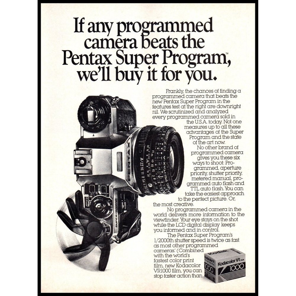 1983 Pentax Super Program SLR Camera Vintage Print Ad Film Photography Wall Art